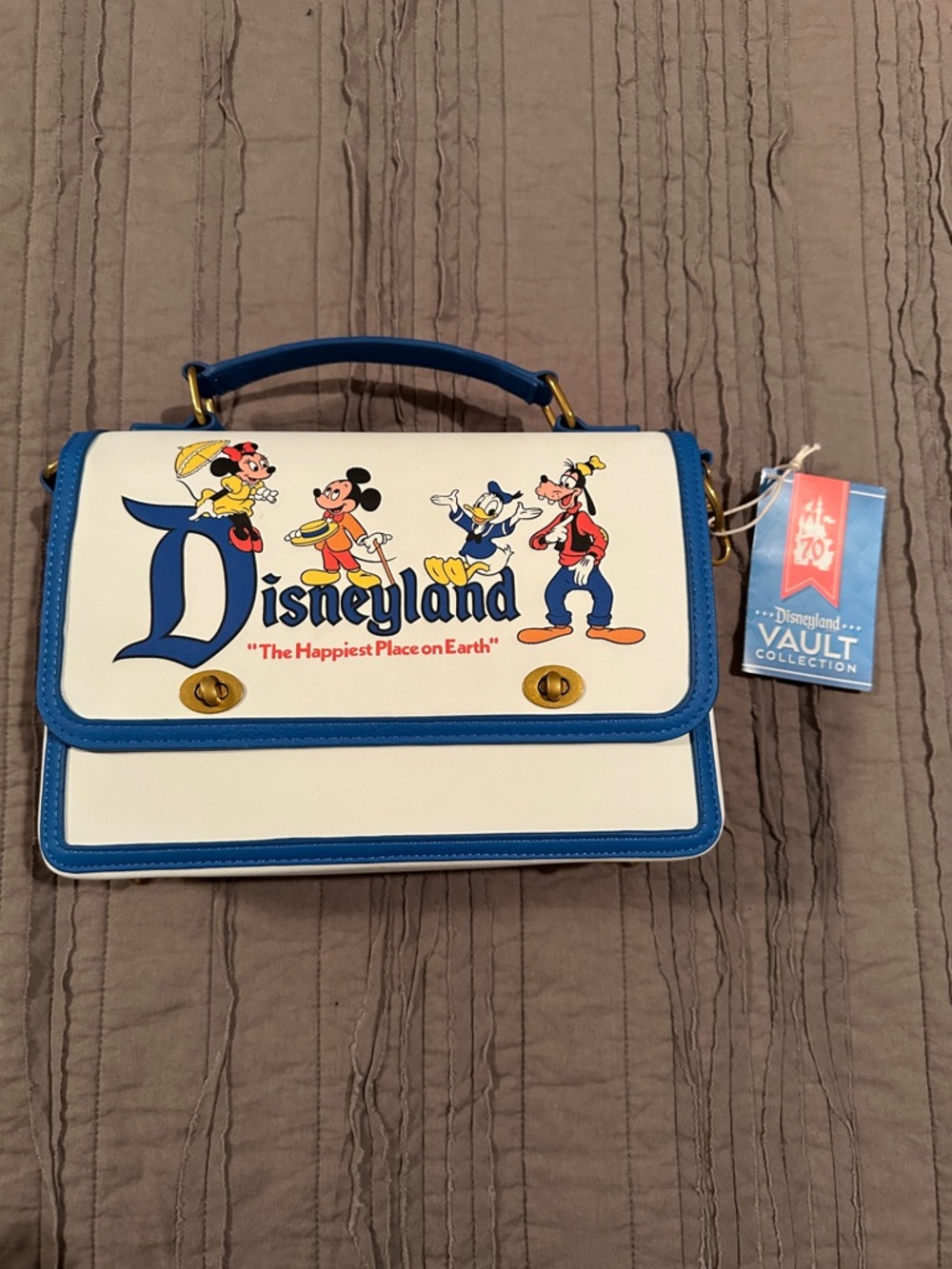 Loungefly Disneyland Vault Collection Cream and Blue Handbag with Gold Hardware